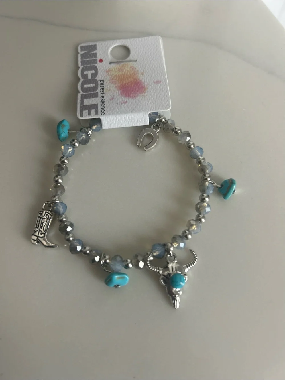 Nicole Silver-Tone Beaded Charm Bracelet with Turquoise Accents
